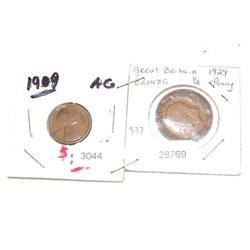 1909 Wheat Penny, 1929 Great Britain Penny