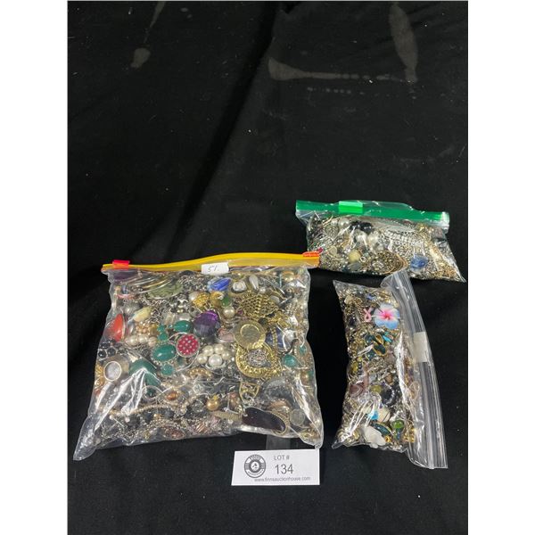 3 Bags Of Costume Jewelry & Jewelry Parts