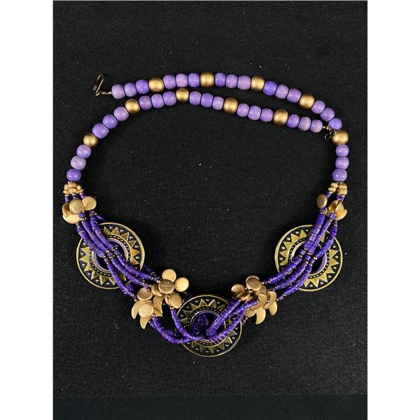 Nice Purple & Gold Wooden Beaded Necklace