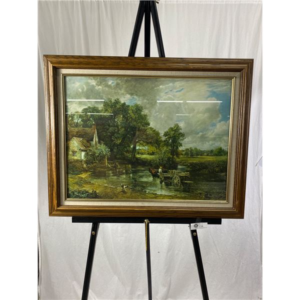 Wagon In Countryside Stream Print, Oak Frame, Very Good Condition. Approx. 23"x 29"