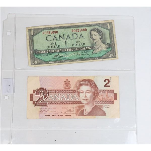 #106 1954 CANADA ONE DOLLAR BILL + 1986 TWO