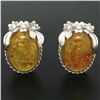 Image 6 : Vintage 18k White Gold Large Oval Amber Diamond Omega Earrings w/ Flower Etching