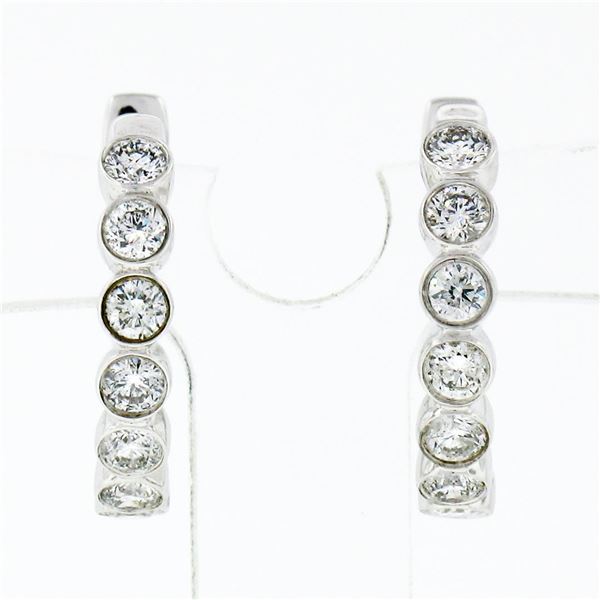 New 10K White Gold .49 ctw Round Brilliant Bezel Set Diamond Hoop Huggie Earring