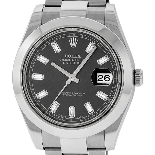 Rolex Mens SS 41MM Rhodium Baguette Diamond Datejust 2 Oyster Band Wristwatch