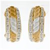 Image 1 : 14K TT Gold Dual Row Pave Diamond & Ribbed Matte Finished Center Huggie Earrings