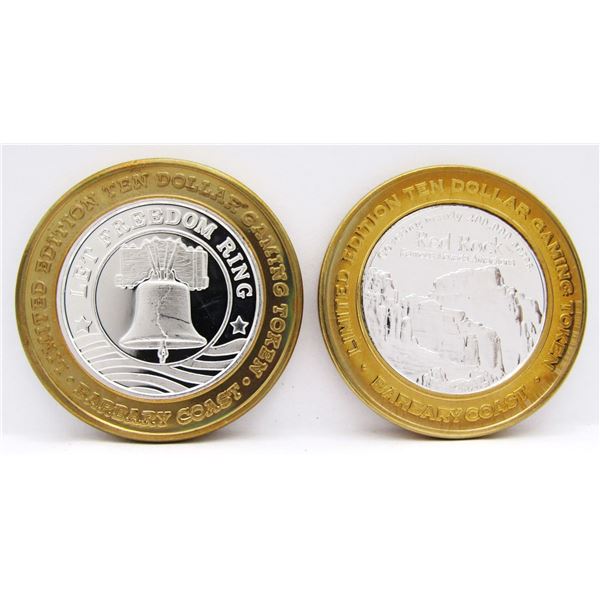 2- $10 GAMING CASINO TOKENS SILVER .999
