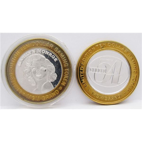 2- $10 GAMING CASINO TOKENS SILVER .999