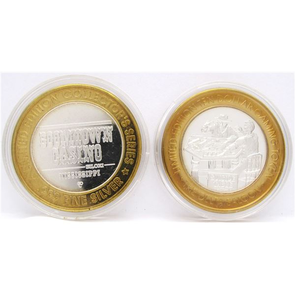 2- $10 GAMING CASINO TOKENS SILVER .999