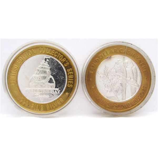 2- $10 GAMING CASINO TOKENS SILVER .999