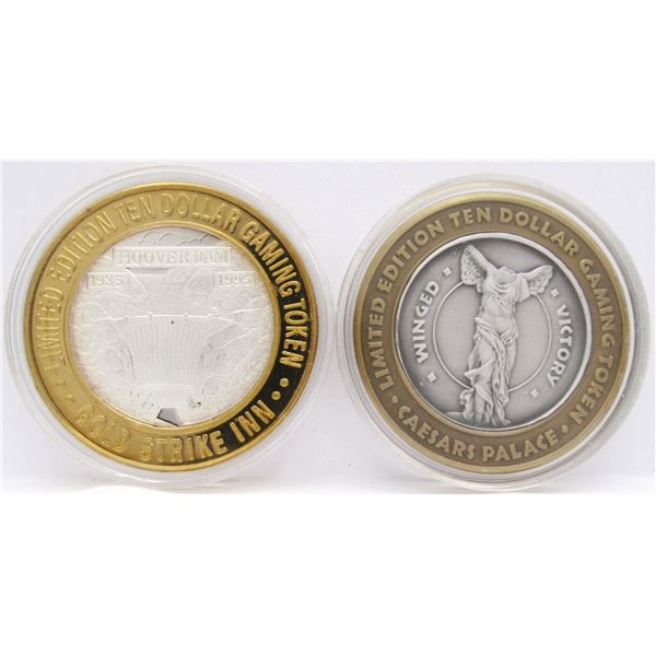 2- $10 GAMING CASINO TOKENS SILVER .999