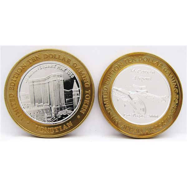 2- $10 GAMING CASINO TOKENS SILVER .999