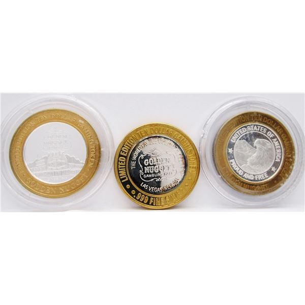 3- $10 GAMING CASINO TOKENS SILVER .999