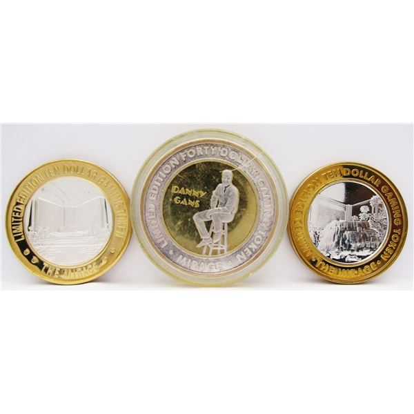 3- $10 GAMING CASINO TOKENS SILVER .999
