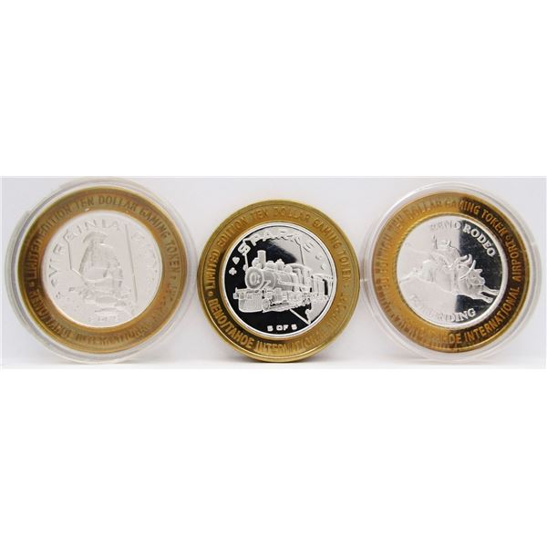 3- $10 GAMING CASINO TOKENS SILVER .999