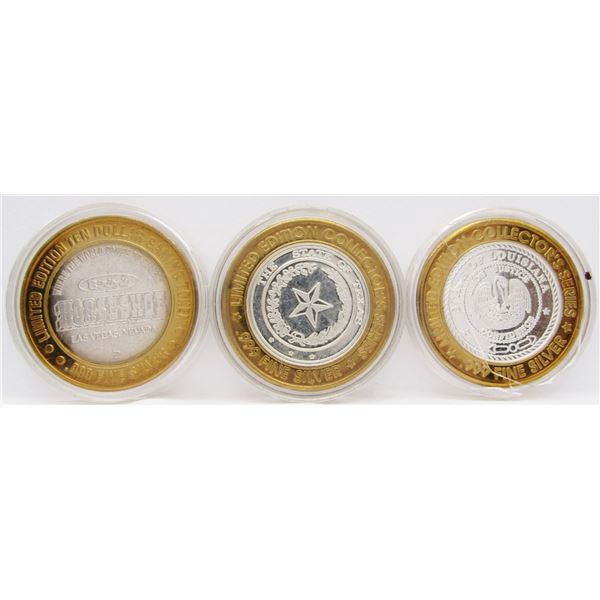 3- $10 GAMING CASINO TOKENS SILVER .999