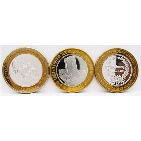 3- $10 GAMING CASINO TOKENS SILVER .999