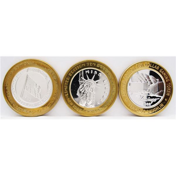 3- $10 GAMING CASINO TOKENS SILVER .999