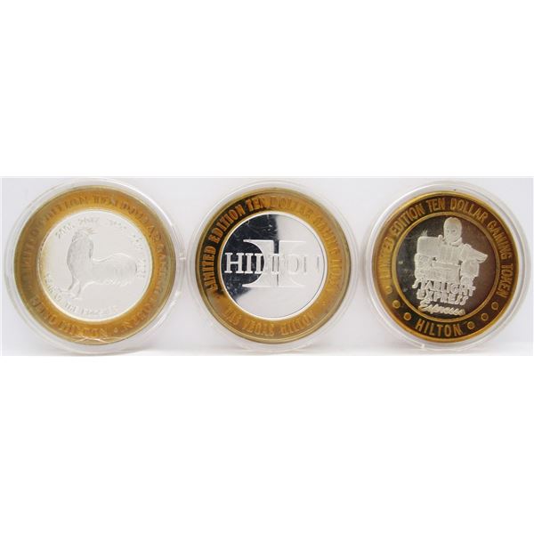 3- $10 GAMING CASINO TOKENS SILVER .999