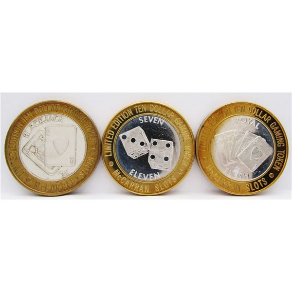 3- $10 GAMING CASINO TOKENS SILVER .999