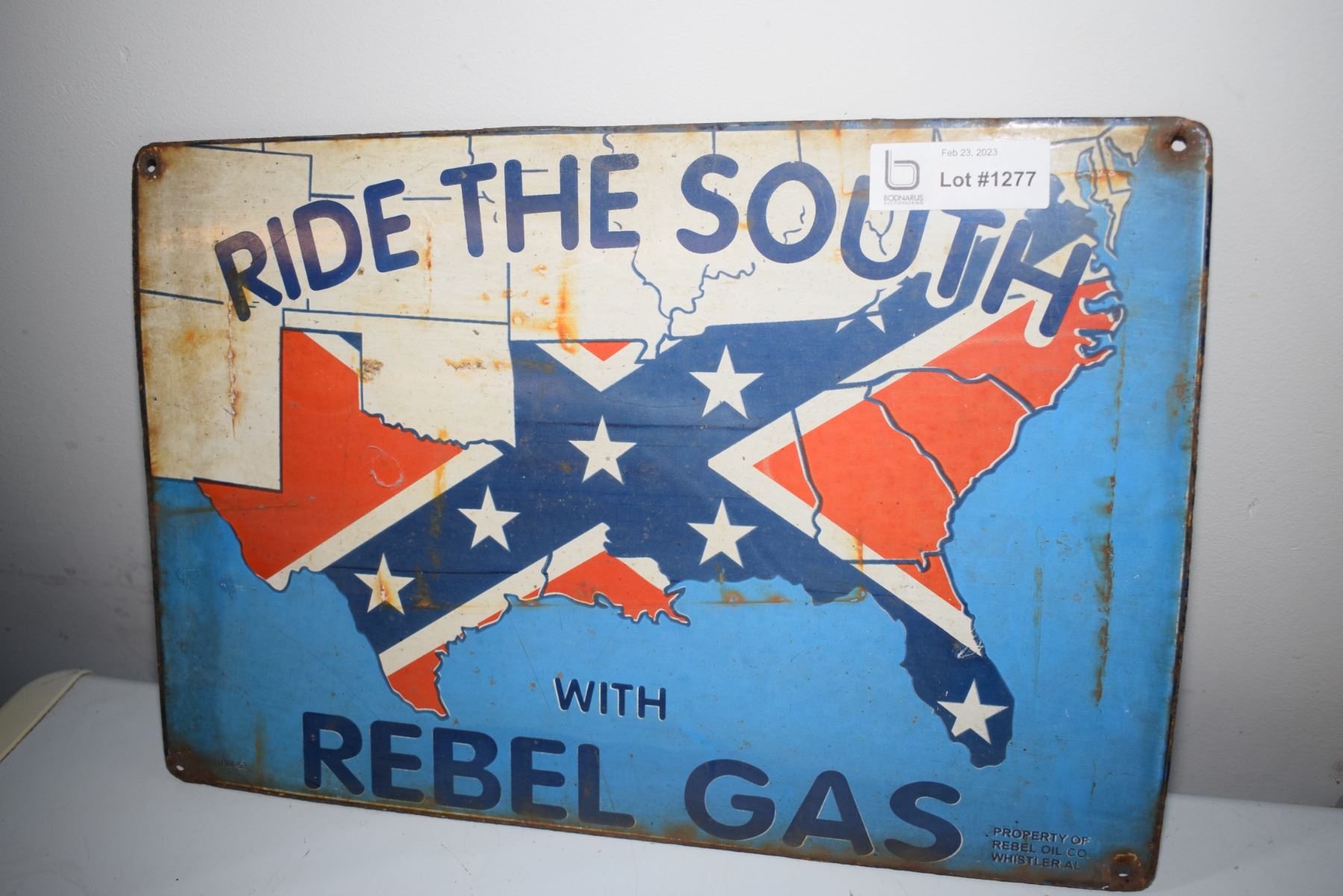 Rebel Sign In Porcelain Rebel Gas Sign (18x12) - Bodnarus Auctioneering