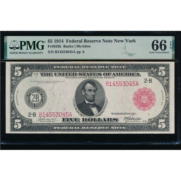 1914 $5 Red Seal New York FRN PMG 66EPQ