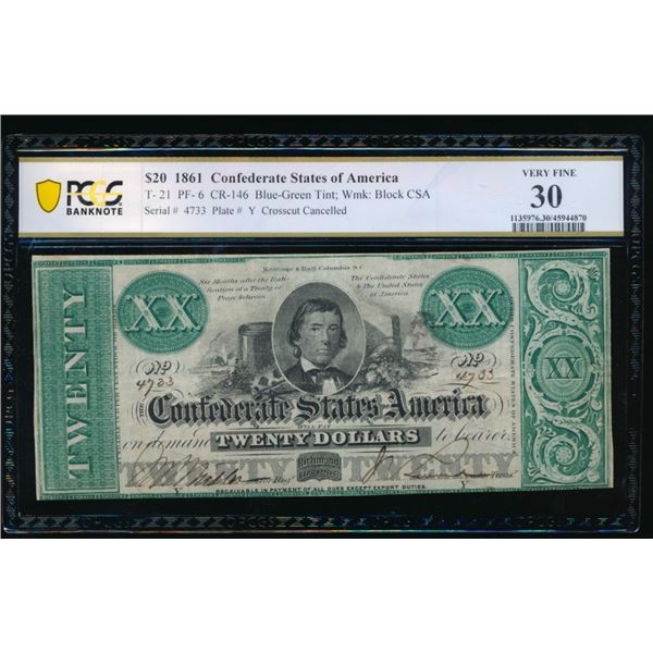 1861 $20 T-21 Confederate PCGS 30