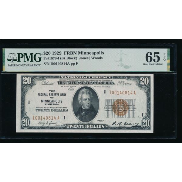 1929 $20 Minneapolis FRBN PMG 65EPQ
