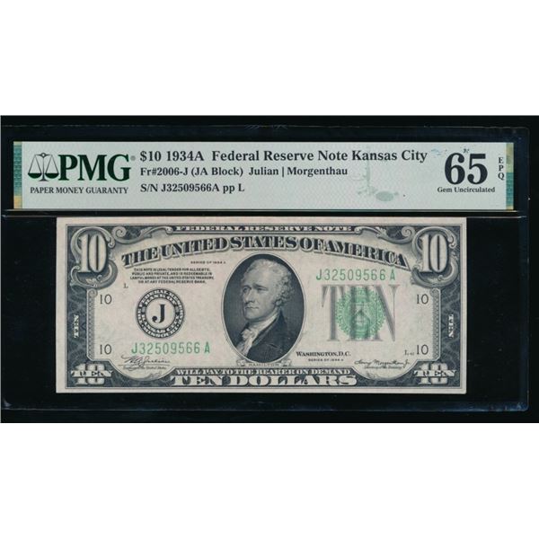 1934A $10 Kansas City FRN PMG 65EPQ