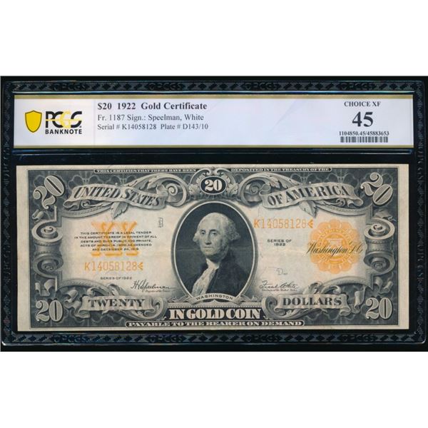 1922 $20 Gold Certificate PCGS 45