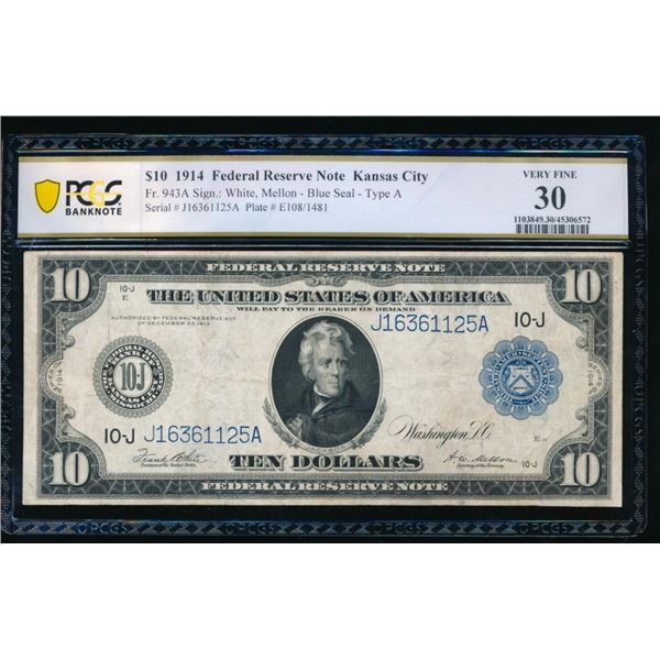 1914 $10 Kansas City FRN PCGS 30