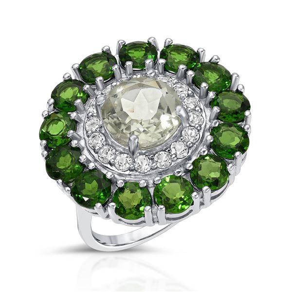 Plated Rhodium 2.87ct Green Amethyst and White Topaz Ring