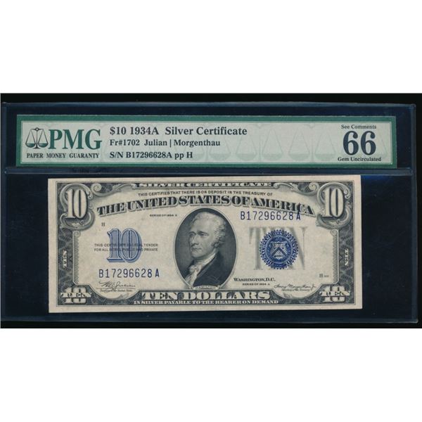 1934A $10 Silver Certificate PMG 66