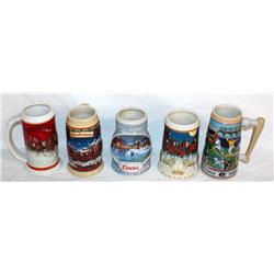 5 Collector Beer Steins--4 Bud, 1 Coors