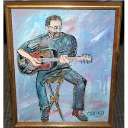 Framed Oil on Canvas of a Guitar Player