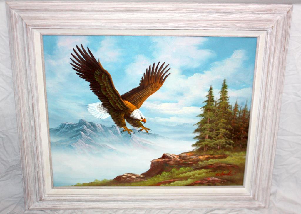 Framed Oil on Canvas of a Bald Eagle