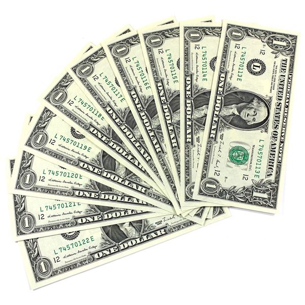 10x 1988 United States $1 Notes with Consecutive Serial Numbers L74570113E-122E. 10pcs