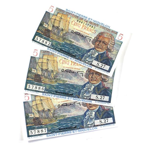 3x Saint Pierre Et Miquelon 5 Franc Notes with 2x Consecutive Serial - 57882, 57886 & 57887, UNC. 3p