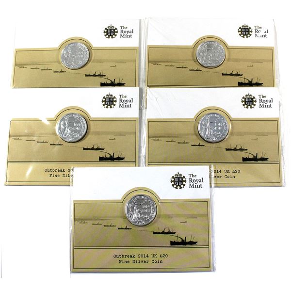 5x 2014 United Kingdom Outbreak of WWI Centenary 1/2oz Fine Silver Coins in Royal Mint Cards. 5pcs (