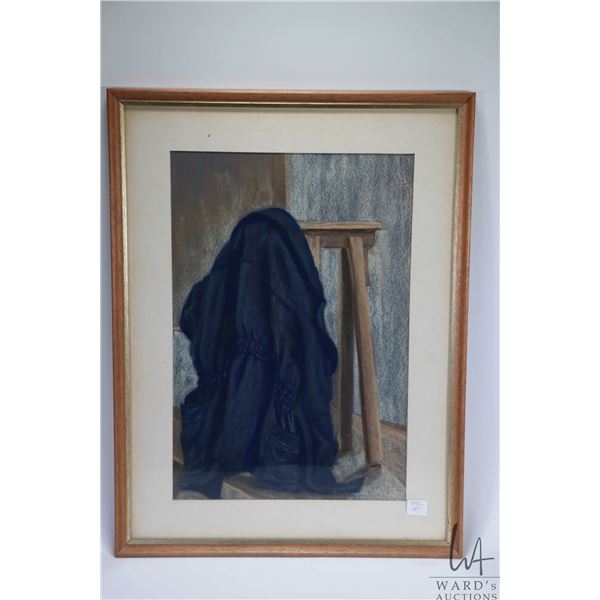 Framed original acrylic painting of a coat and stool, signed by artist Rhoda, 16 3/4" X 11 1/4"