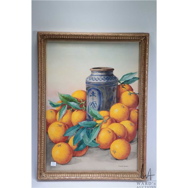 Antique gilt framed still-life watercolour painting of a clay vase and oranges, signed by artist Gio