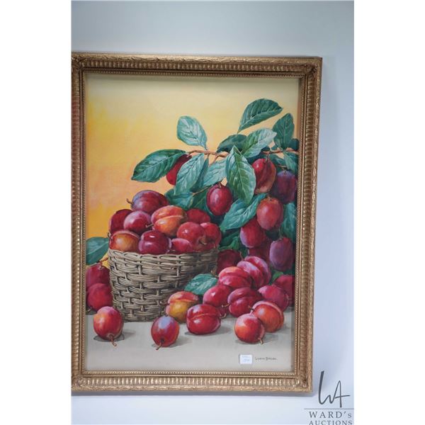 Antique gilt framed still-life water colour painting of plums in a basket, signed by artist Giovanni