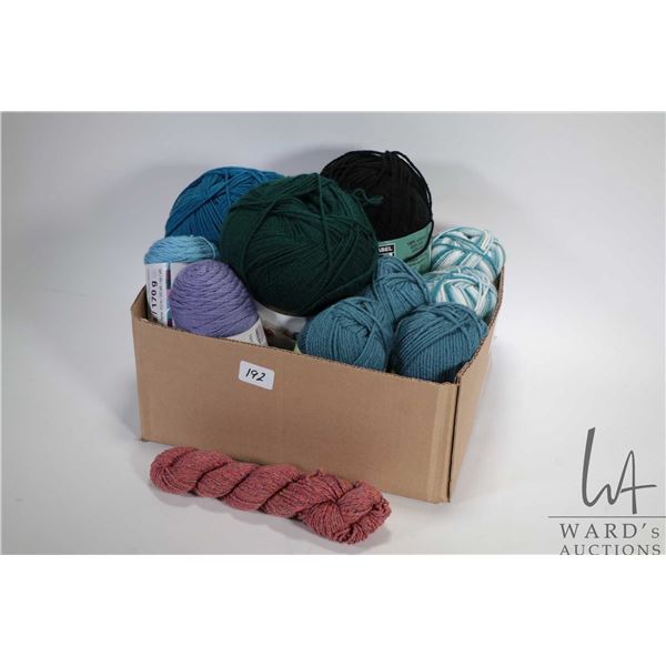 Large tray lot of wool/ yarn including Loin's Brand  Pound of Love  Medium No. 4, large ball of Phen