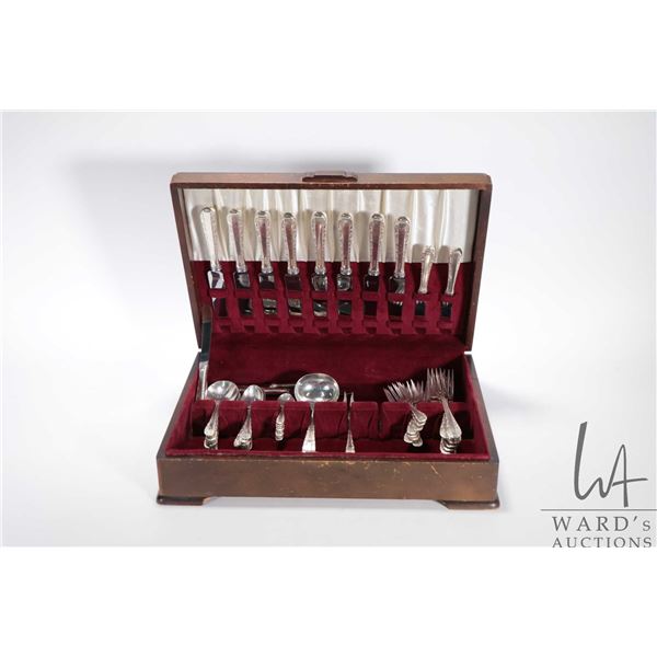 Wooden canteen containing Birks sterling silver "Rose Bower" flatware including eight each of lunche