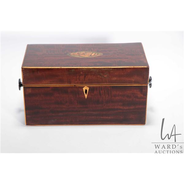 Antique Georgian rosewood tea caddy with satin wood inlay, note: three replaced knobs, replaced hing