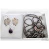 Image 1 : Sterling silver neck chain with cabochon gemstone pendant, a pair of sterling silver earrings plus a