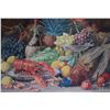 Image 2 : Antique gilt framed original still-life watercolour painting of Lobster, pheasant, fruit and wine ba