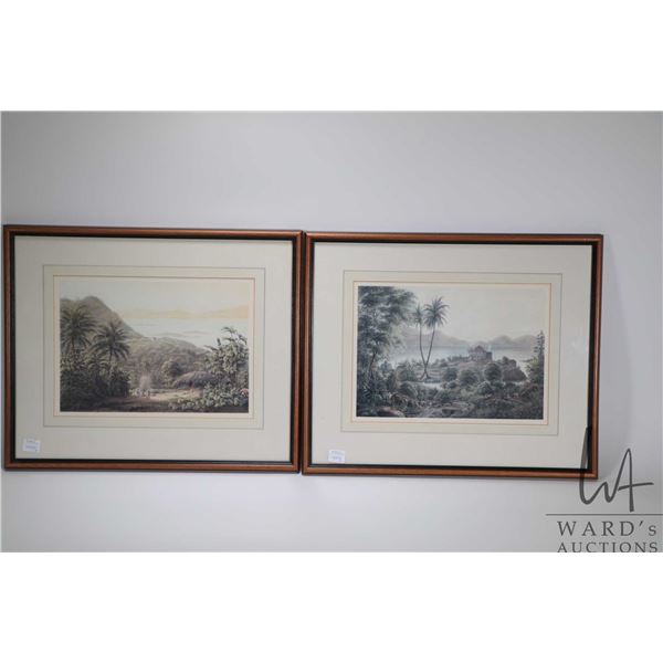 Two Victorian prints of coloured etched Caribbean landscapes scenes