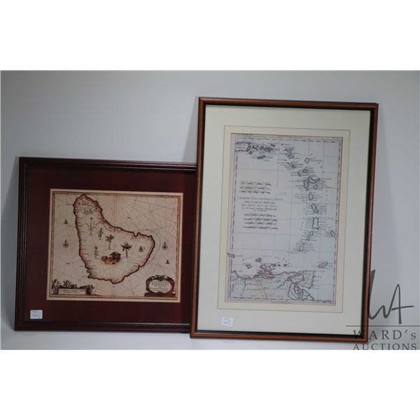 Two vintage map prints including historic island of Barbados and Caribbean Islands