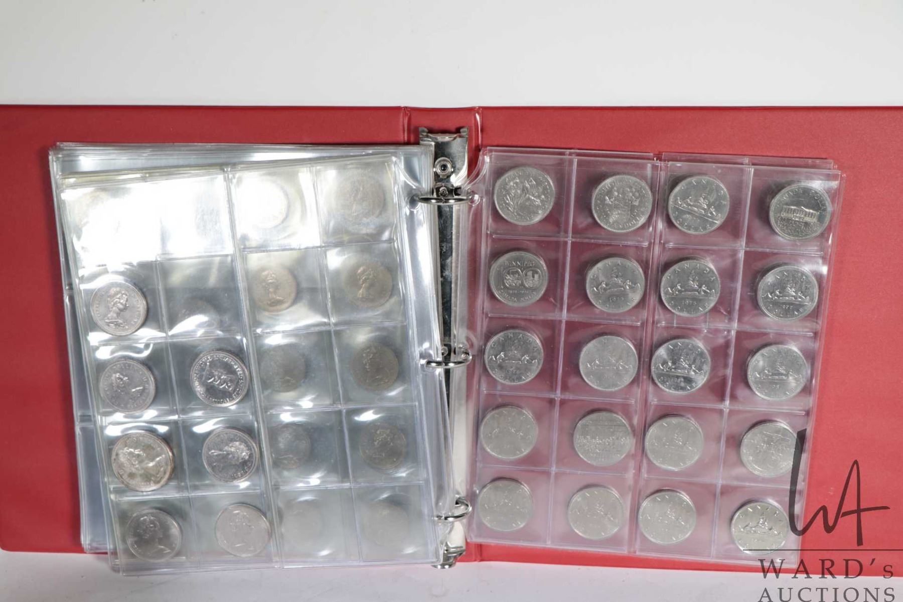 A box containing 108 vintage Canadian coins including pennies, nickels ...
