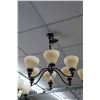 Image 1 : Six branch ceiling fixture, black wrought iron with hammered copper accents and six beige glass shad